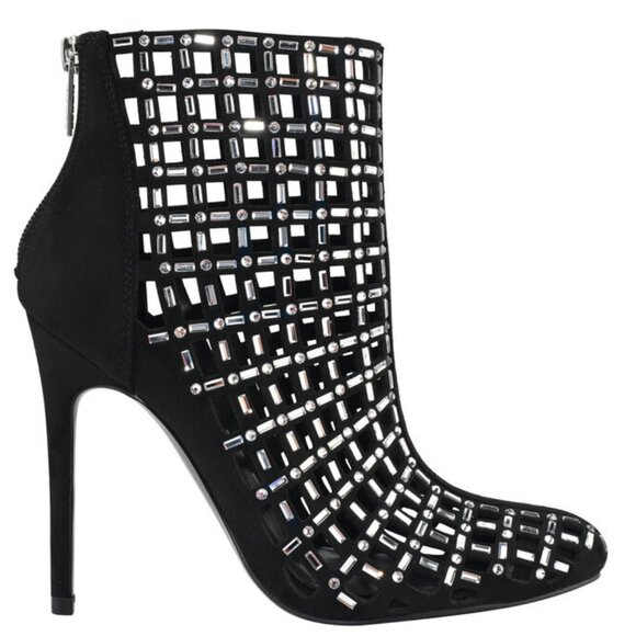NIB! GUESS Randir Black Suede Crystal Upper Round Stiletto Heel Ankle Booties 9M - Picture 1 of 4